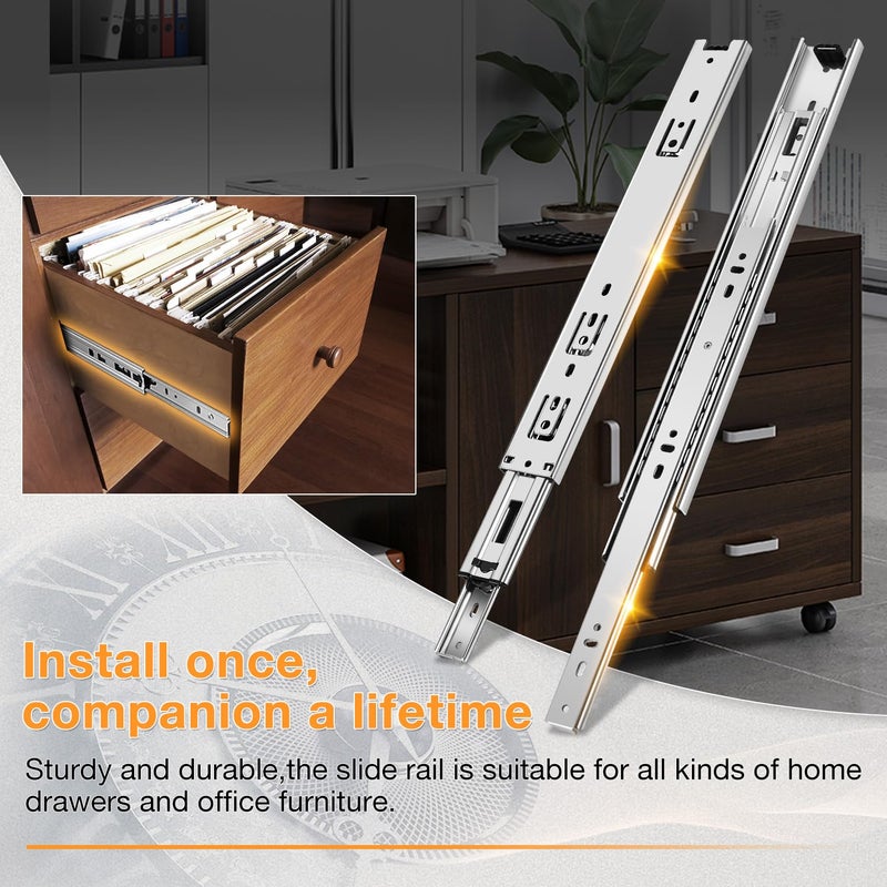 YENUO 1 Pair Full Extension Drawer Slides Side Mount 10 12 14 16 18 20 22 24 Inch Ball Bearing Metal Rails Track Guide Glides Runners Heavy Duty 100 Pound Load (Rolled Steel -1 Pair, 10 Inch) - Image 3